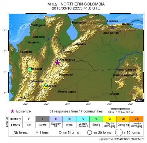 哥伦比亚东北部发生6.2级地震（图）